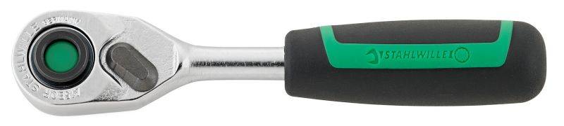 Ein Schraubenschlüssel mit grün-schwarzem Griff, glänzendem Metallkopf und grünem Akzent, geeignet für mechanische Arbeiten.