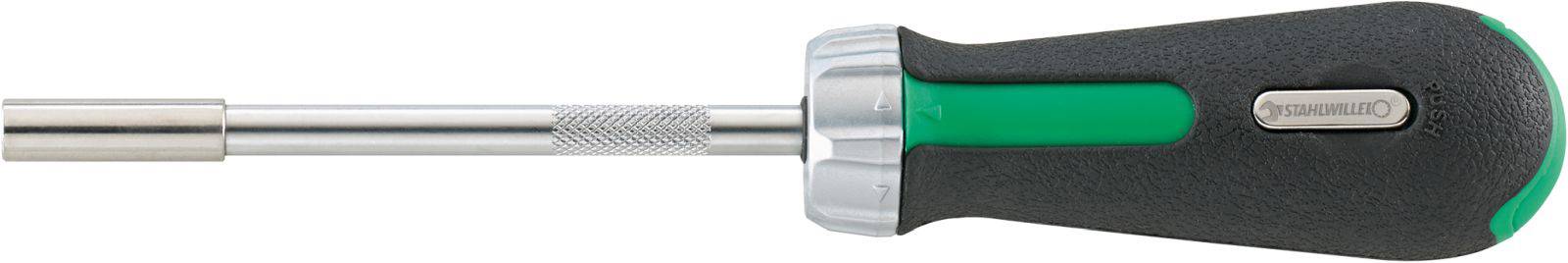 Schraubendreher mit schwarzem Griff, grünem Akzent und silberner Spitze, ideal für handwerkliche Arbeiten und Reparaturen.