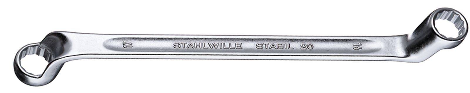 Doppelringschlüssel aus Metall mit zwei unterschiedlich großen, am Ende abgewinkelten offenen Enden. Text: 'STAHLWILLE STAHL 10'.