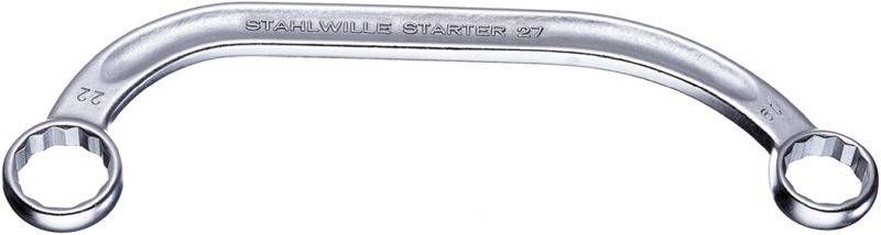 Ein gebogener Maulschlüssel aus Metall mit zwei sechseckigen Enden. Text auf dem Schlüssel: 'STAHLWILLE STABIL 27'.