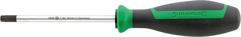 Schraubendreher mit schwarzem Griff und grünem Akzent, Torx-Kopf.