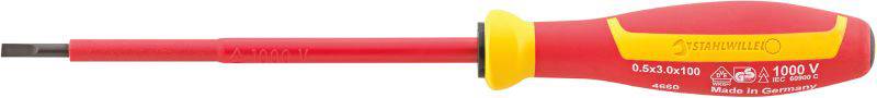 Ein isolierter Schraubendreher mit rotem Griff und gelber Kappe, geeignet für Arbeiten bis 1000V, wird von der Seite gezeigt.
