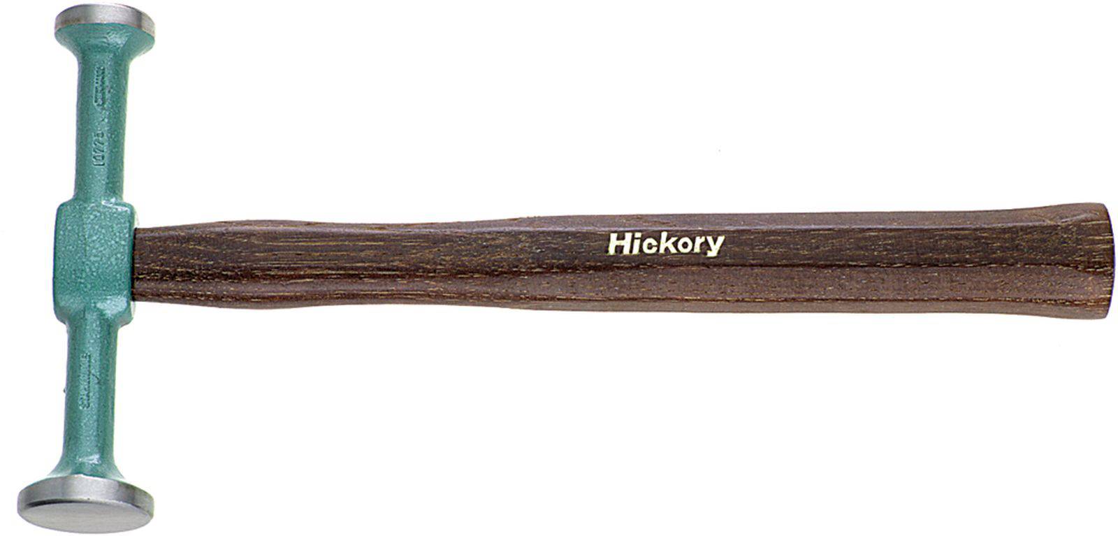 Zweiseitiger Hammer mit grünem Kopf und hölzernem Griff, der mit 'Hickory' beschriftet ist.