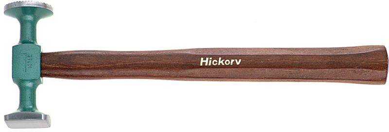 Gummihammer mit Holzstiel, grüner Kopf und Aufschrift 'Hickory'.