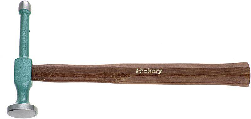 Ein Hammer mit grünem Kopf und braunem Griff aus Hickory-Holz.