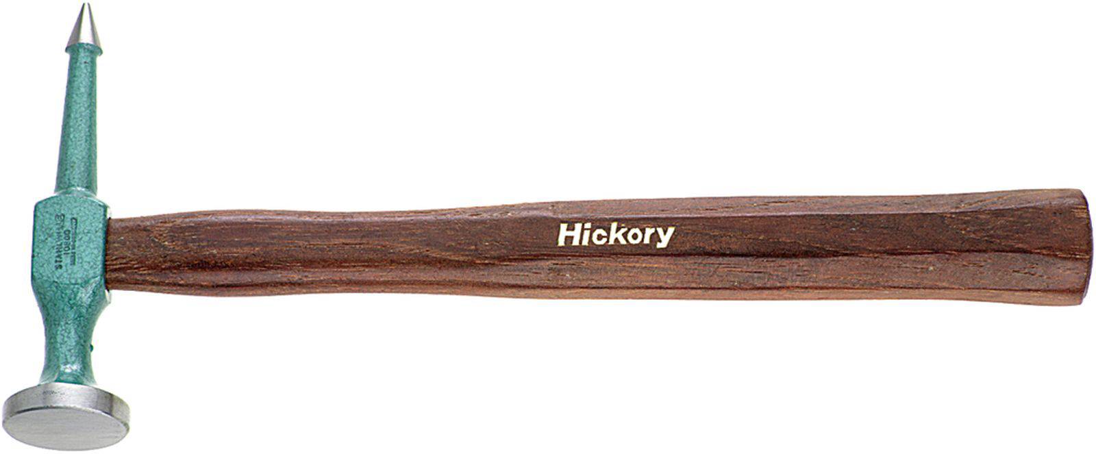 Ein Hammer mit grünem Kopf und Holzgriff, auf dem 'Hickory' steht. Ideal für Präzisionsarbeiten oder zur Dekoration.