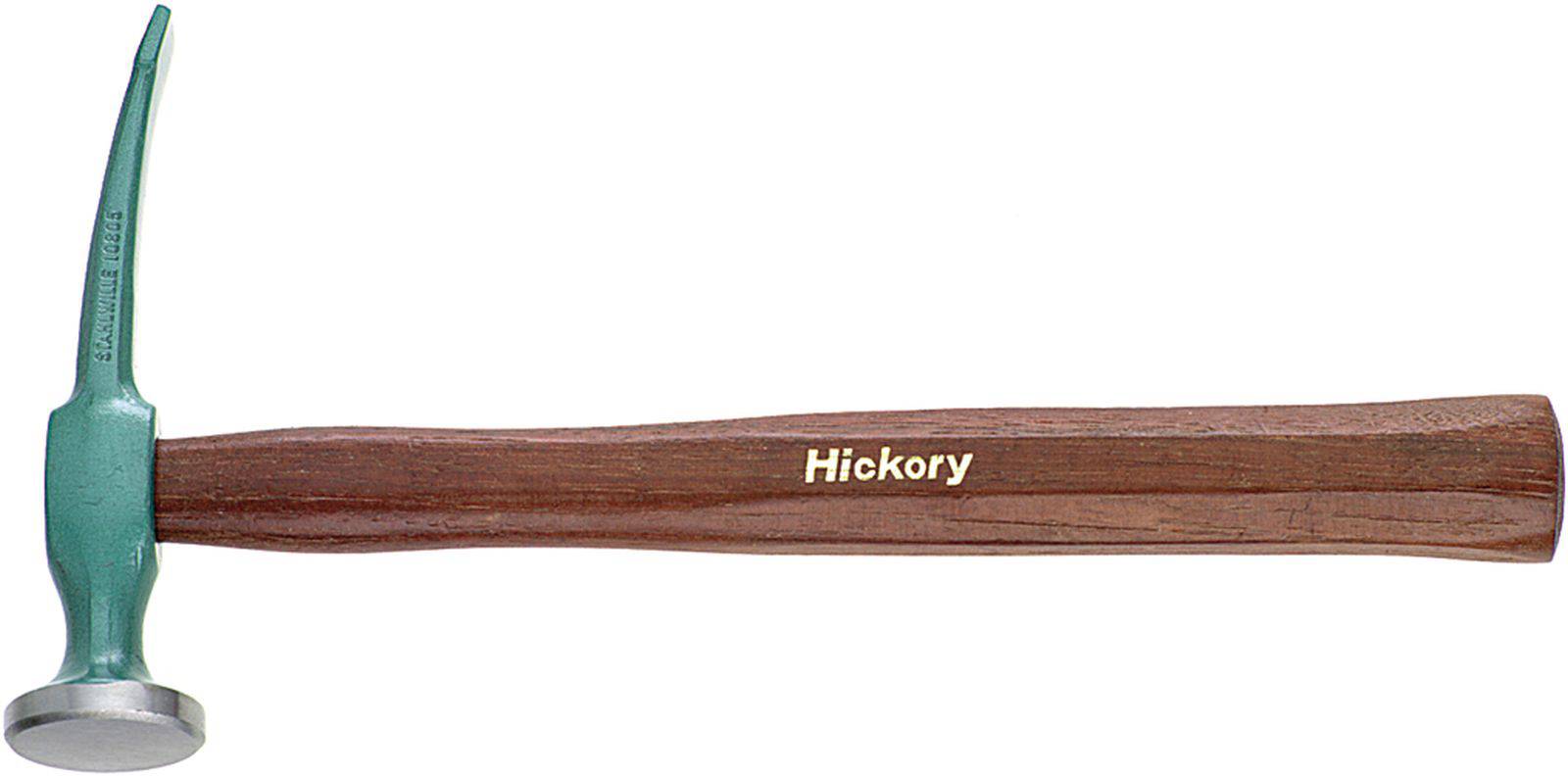Hammer mit grünem Metallkopf und gebogenem Nagelzieher, Holzgriff mit 'Hickory'-Aufschrift. Οιffentlichkeitsdienlich in Bauarbeiten.