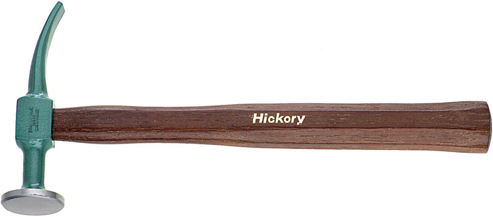 Ein Hammer mit hölzernem Griff und gebogenem Metallkopf, auf dem Griff steht 'Hickory'.