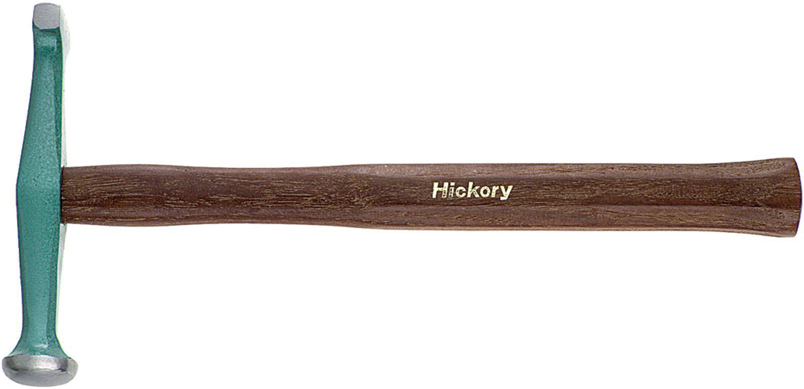 Hammer mit grünem Kopf und hölzernem Griff. Auf dem Griff steht 'Hickory'. Werkzeug zur Befestigung oder Demontage von Materialien.