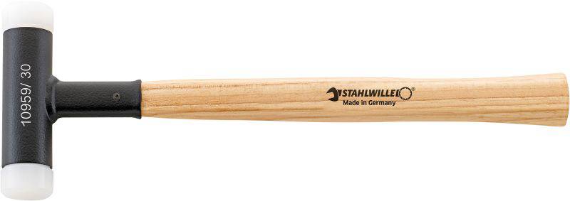 'Stahlwille Schonhammer 10959' mit zweifarbigem Kopf aus Kunststoff, Holzgriff, Produkt hergestellt in Deutschland.