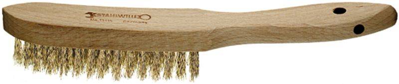 Holzgriff-Bürste mit Metallborsten, gebogene Form, geeignet zum Entfernen von Rost oder Reinigung von Oberflächen.