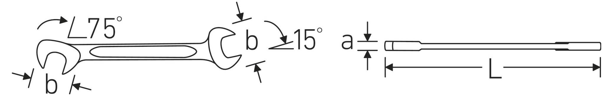 Diagramm zeigt einen Schraubenschlüssel mit Winkeln: 75° offenes Ende, 15° Versatz, Abmessungen gekennzeichnet mit 'a' und 'b', Länge gekennzeichnet mit 'L'.