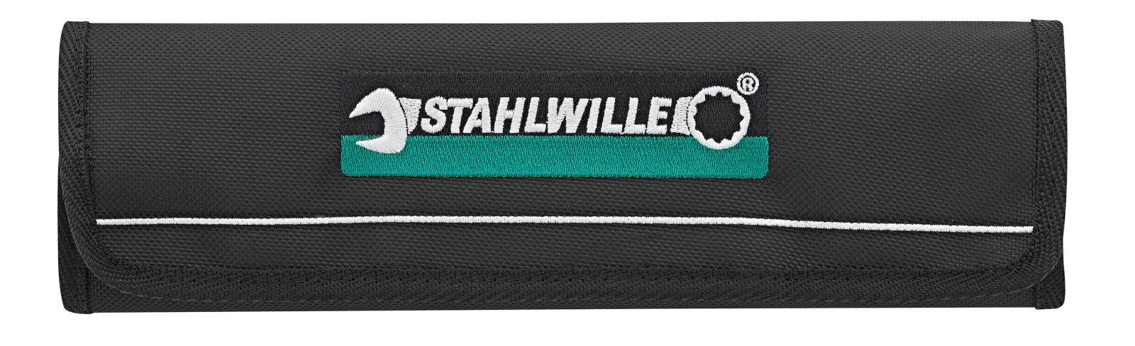 Schwarze Werkzeugtasche mit 'Stahlwille'-Logo vorne, mit einem weiß-grünen Farbschema und einem Schlüsselsymbol.