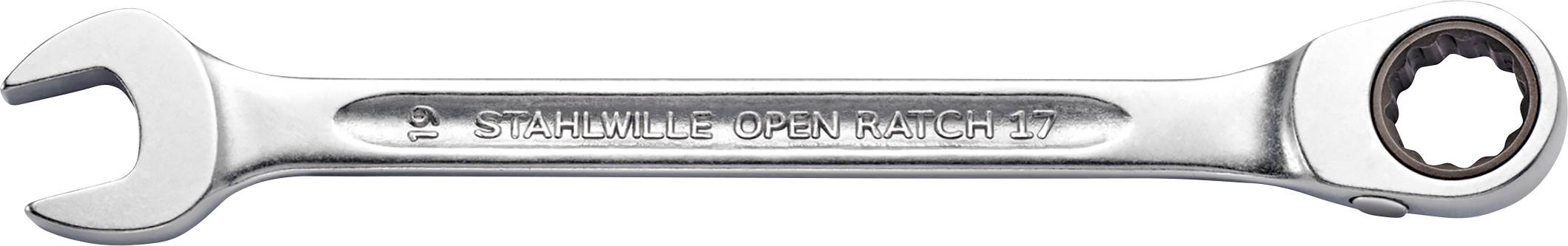 Ein silberner Schraubenschlüssel, auf dem 'STAHLVILLE OPEN RATCH 17' steht. Ein Ende ist offen, das andere hat eine Ratschenfunktion.