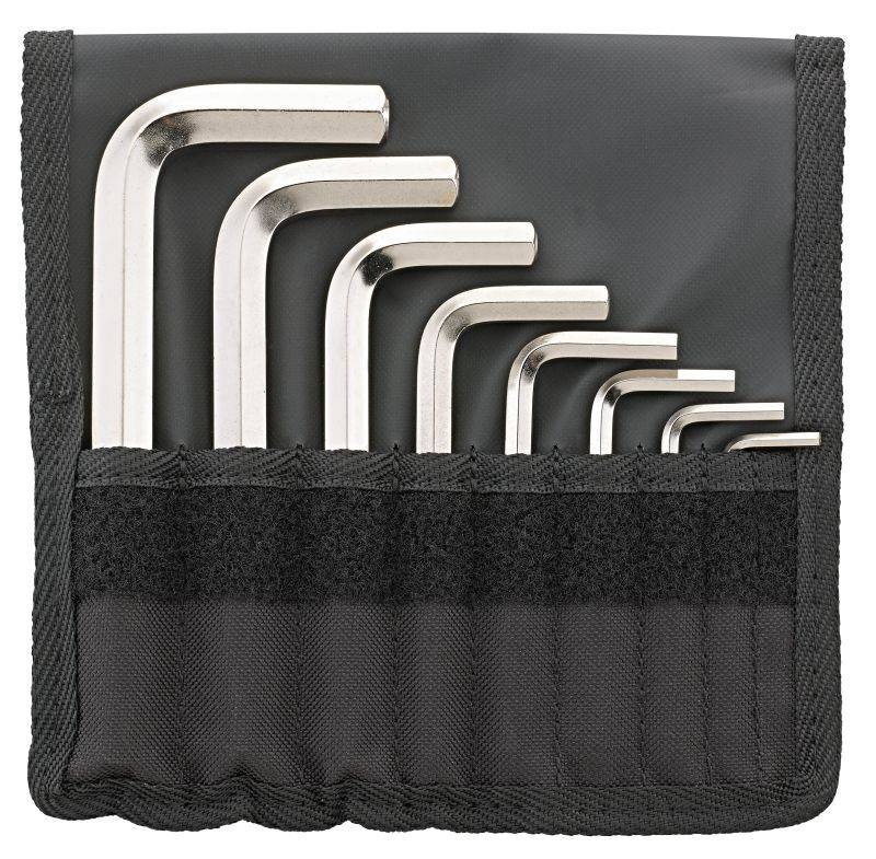 Ein Satz Inbusschlüssel in verschiedenen Größen in einer schwarzen Tasche, von groß nach klein sortiert.
