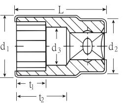 Technische Zeichnung eines Bauteils mit Maßen: L, d2, d3. Linien und Symbole zeigen Dimensionen und Details der Struktur.