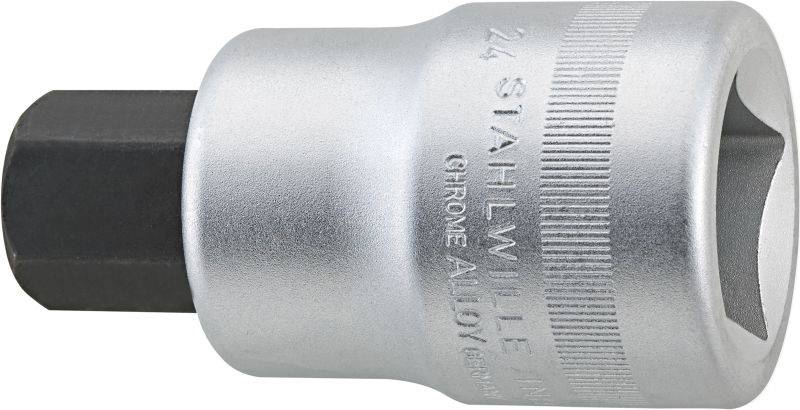 Silberne Sechskant-Bit-Stecknuss mit schwarzer Spitze, seitlich mit der Aufschrift '24 STAHLWILLE CHROME ALLOY'.