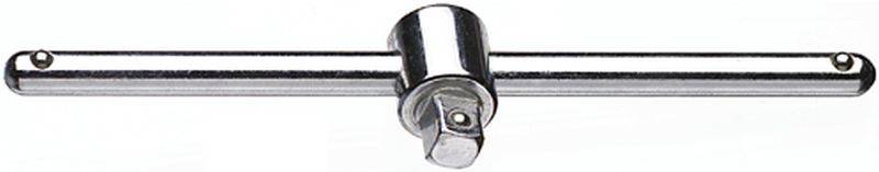 Ein silberner Quergriff-Ratschenschlüssel. Er verfügt über zwei Löcher an den Enden zum Anbringen von Werkzeugen.