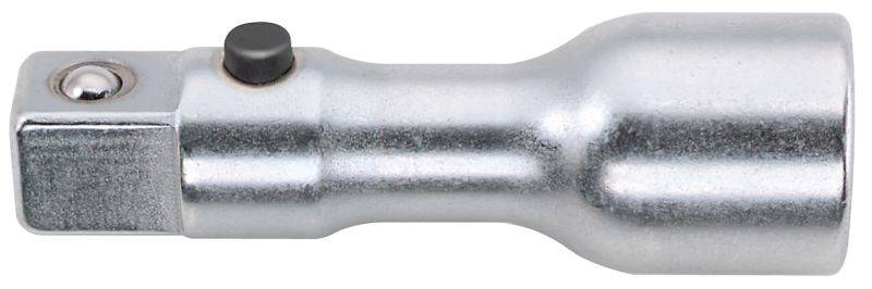 Eine silberne Stecknussverlängerung aus Metall mit quadratischem Ende und Verriegelungsknopf.
