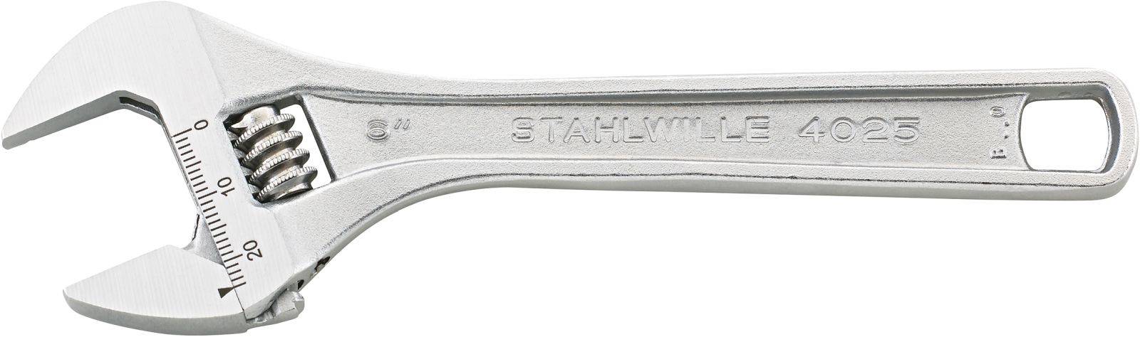 'Stahlwille 4025' verstellbarer Schraubenschlüssel. Silbernes Metallwerkzeug mit Skala zur Einstellung der Maulweite.