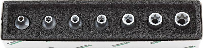 Satz mit verschiedenen Torx-Stecknüssen in Schaumstoffhalterung, von klein bis groß aufgereiht, auf einer Werkbank platziert.