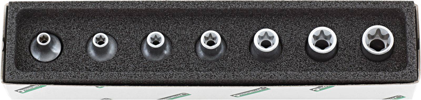 Satz mit sieben Torx-Stecknüssen in Schaumeinlage. Liegende Anordnung von klein bis groß. Standard-Werkzeugset, häufig im Handwerk genutzt.