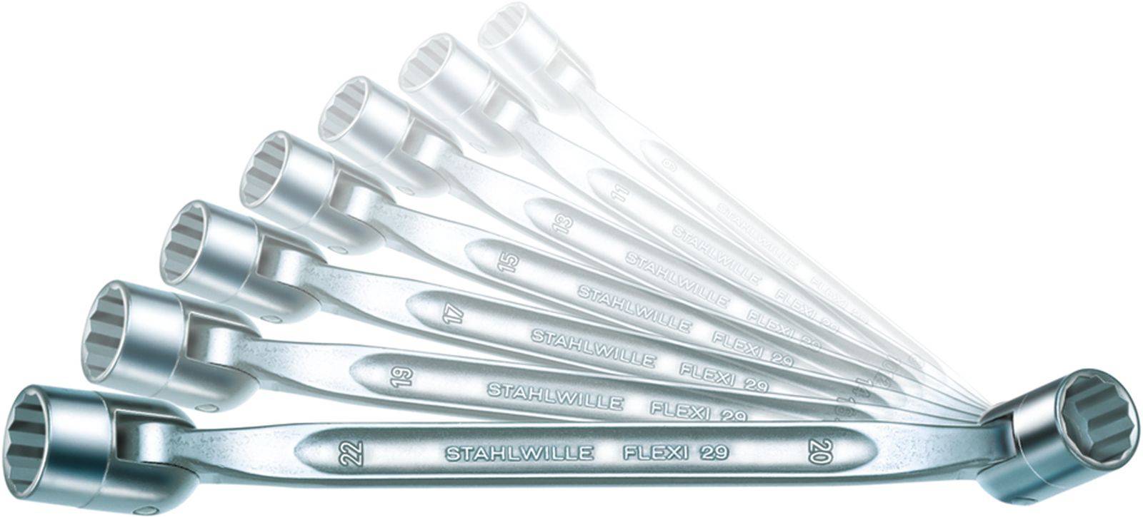 'Stahlwille Flexi' Ringschlüssel-Set, Größen 19-24, flexibel dargestellt. Werkzeug für mechanische Arbeiten.