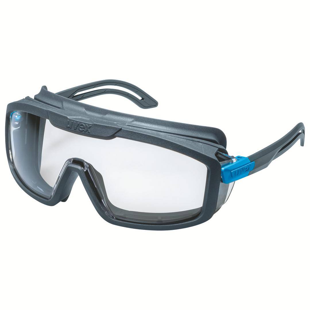 Schutzbrille aus transparentem Kunststoff mit schwarzem Rahmen und blauen Scharnieren, geeignet für Augenschutz bei handwerklichen Arbeiten.