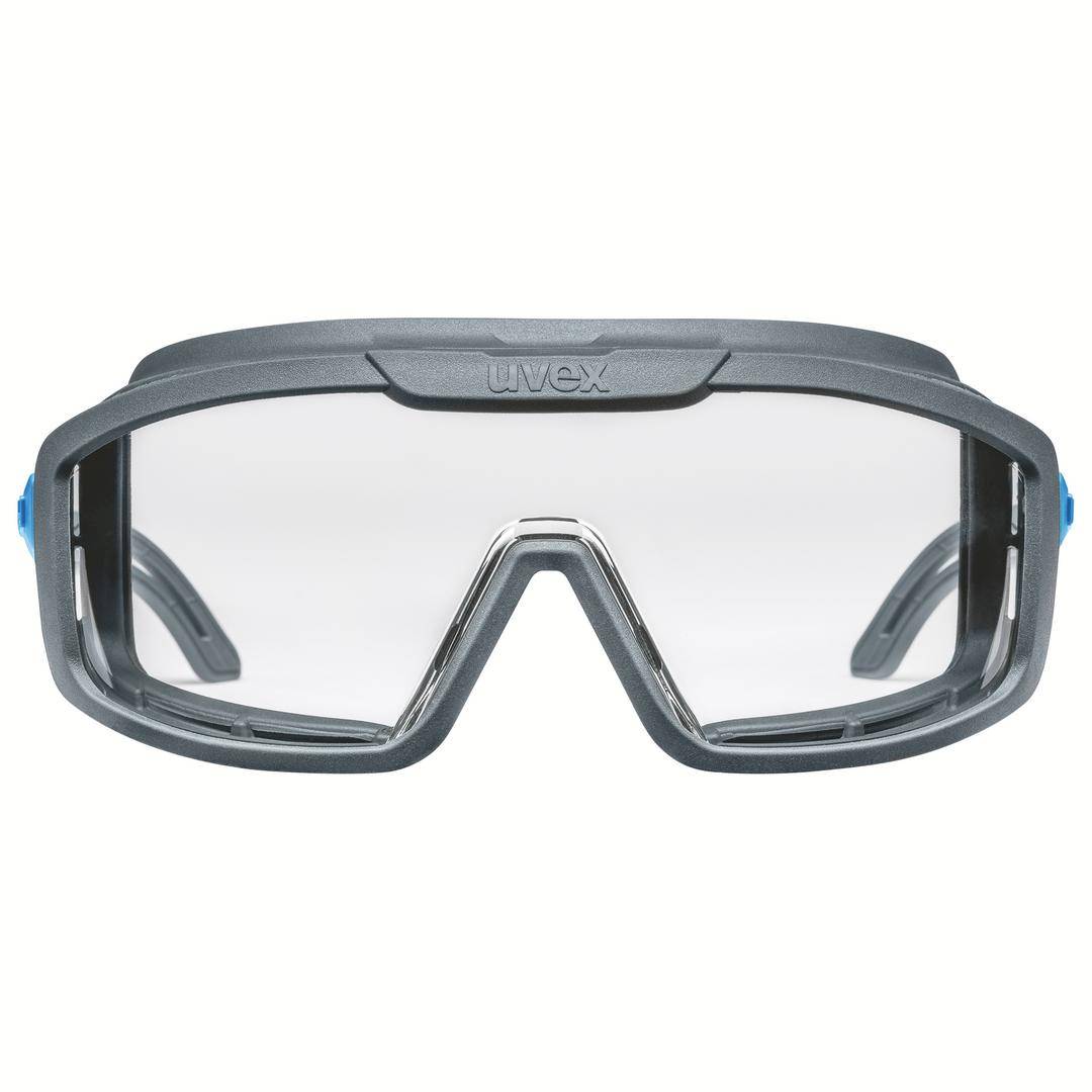 Schutzbrille aus Kunststoff mit klaren Gläsern und grauem Rahmen, bietet Augen-Schutz bei industriellen oder handwerklichen Aufgaben.