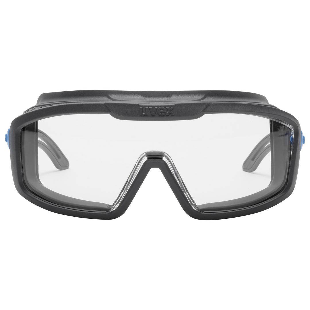 Schutzbrille mit transparenten Gläsern und schwarzem Rahmen, geeignet für Augenprotektion bei handwerklichen oder industriellen Tätigkeiten.