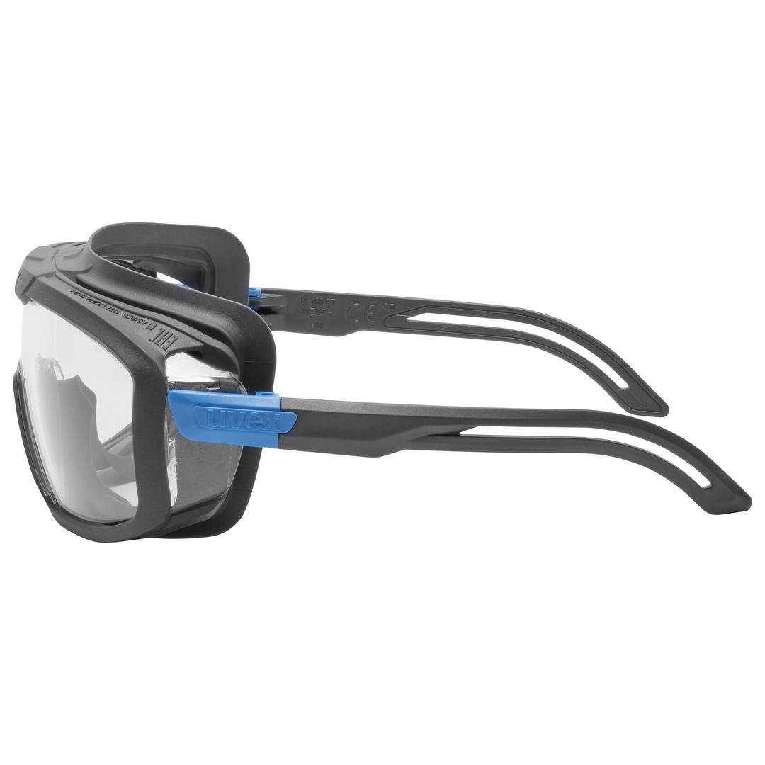 Schutzbrille mit grauem Kunststoffrahmen und klarem Glas. Verstellbare Bügel mit blauen Details für sicheren Halt.