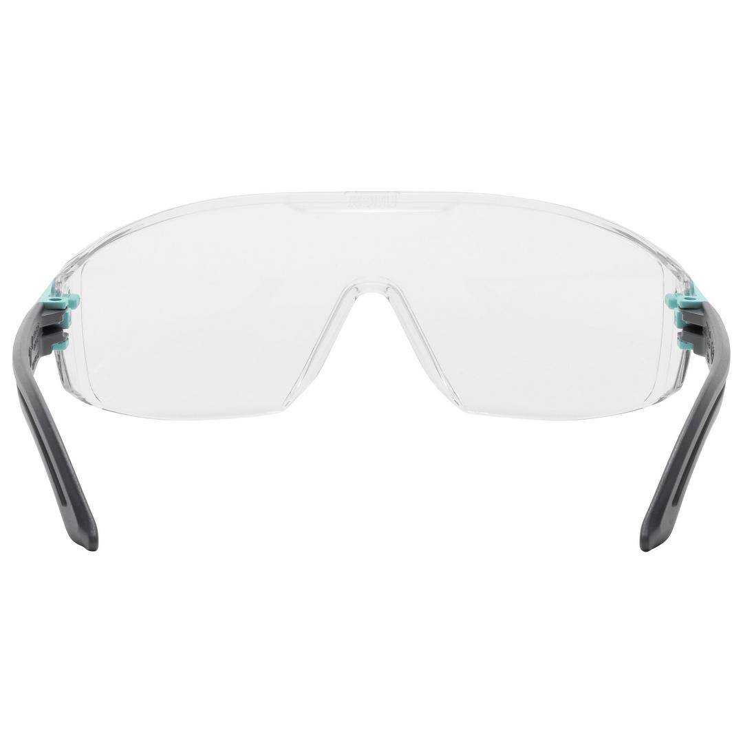 Sicherheitsbrille mit klaren Gläsern und schwarzen Bügeln, bietet Augenschutz in Arbeitsumgebungen.