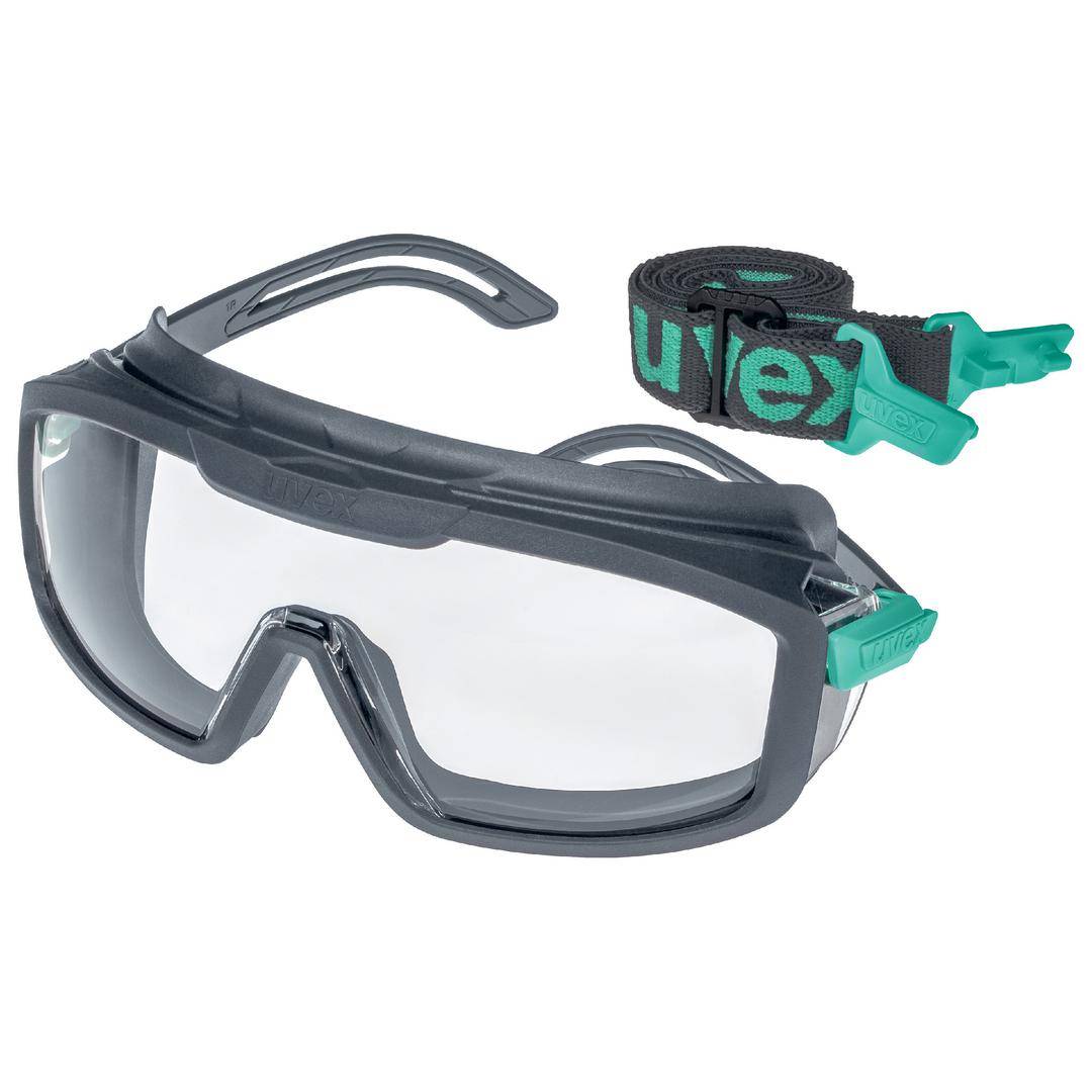 Eine schwarze Schutzbrille mit transparenten Gläsern und einem abnehmbaren verstellbaren Riemen.