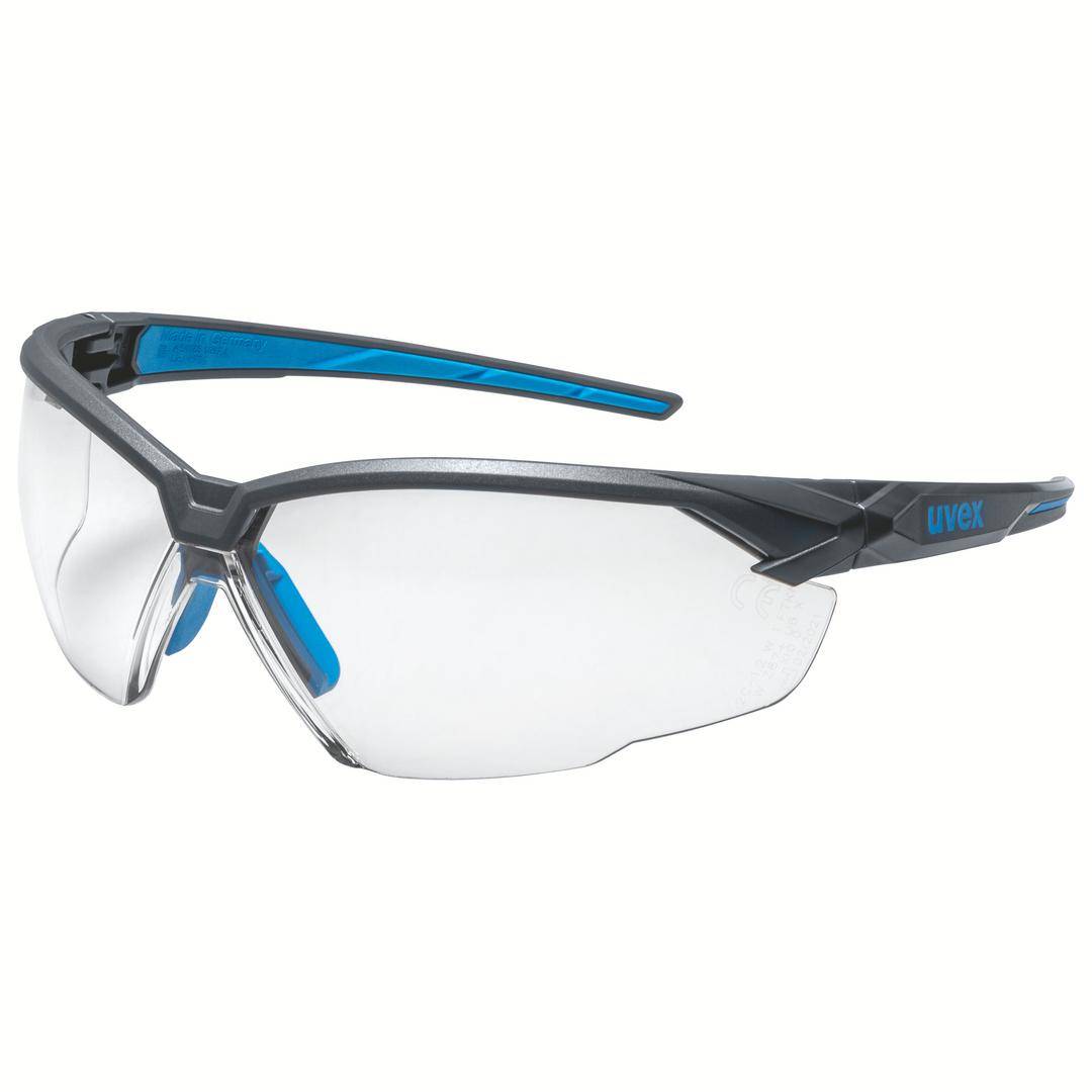Schutzbrille mit klaren Gläsern und blauen Bügeln. Bietet Augenschutz für verschiedene Tätigkeiten und Umgebungen.
