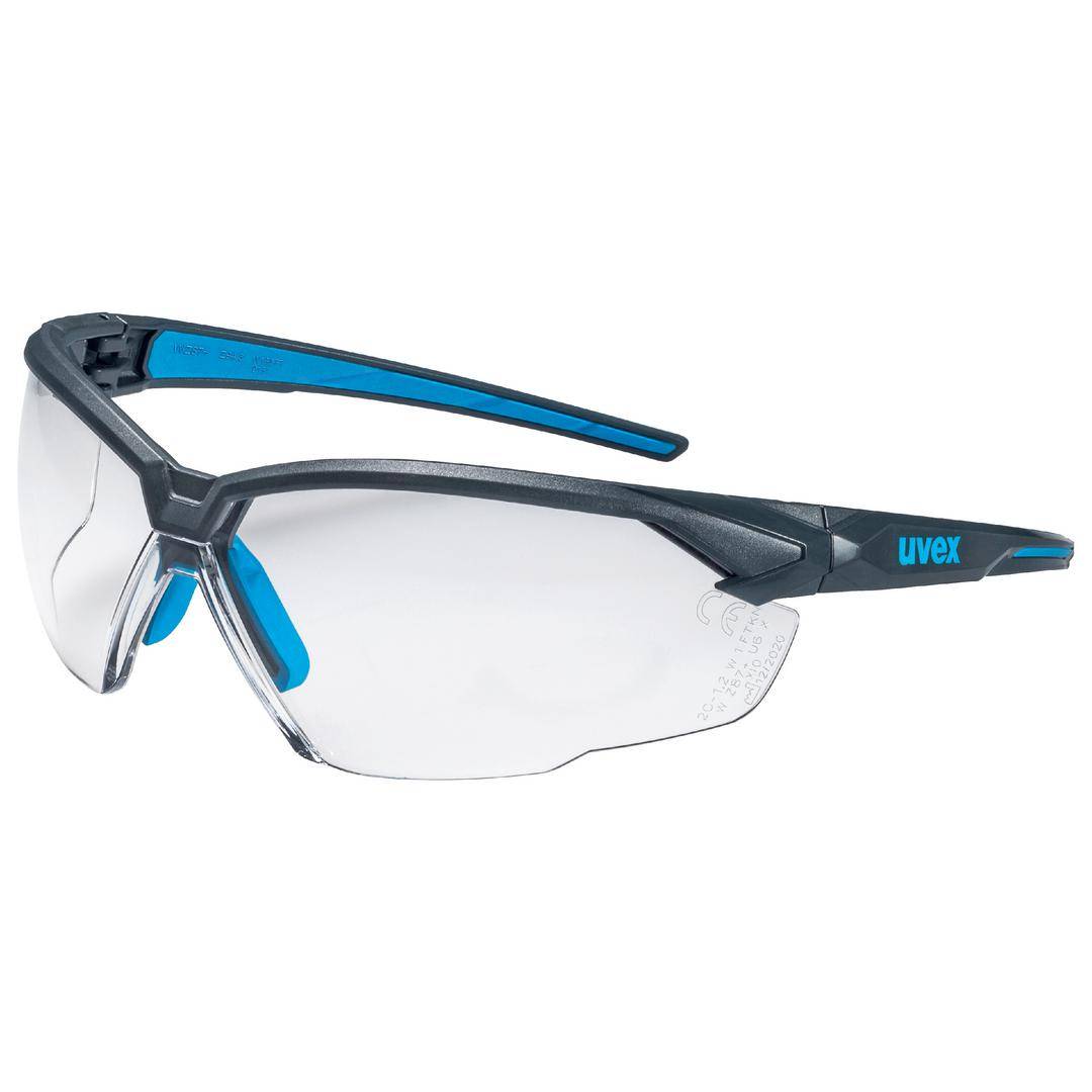 Schutzbrille mit transparenten Gläsern und blau-schwarzem Rahmen. Geeignet für Augenschutz bei handwerklichen Tätigkeiten.