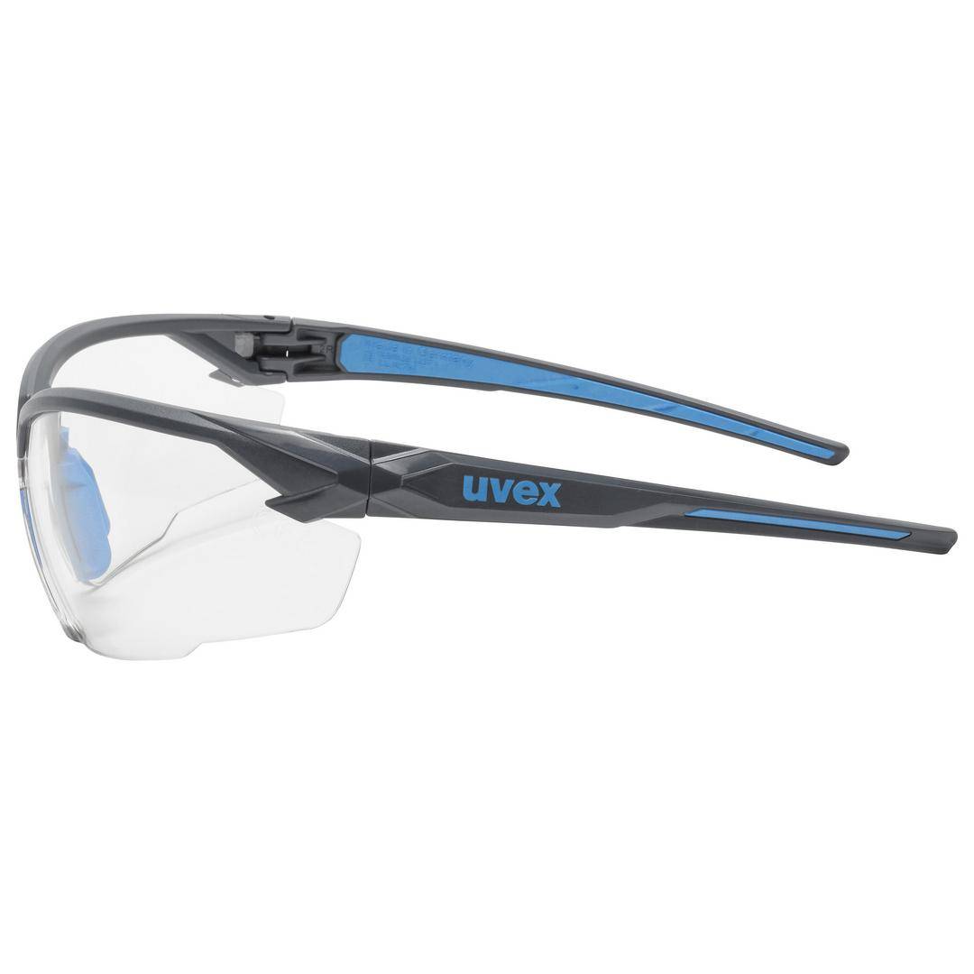 Schutzbrille mit klaren Gläsern und dunkelblau-schwarzem Rahmen. Marke 'uvex'. Geeignet für den Schutz der Augen in Arbeitsumgebungen.