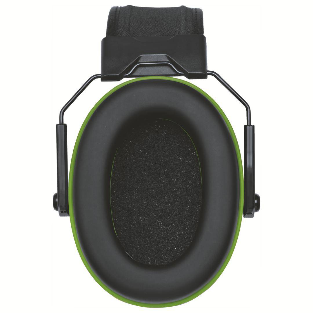 Ein grüner Gehörschutz gewährt Schallschutz, ideal für laute Umgebungen. Der Ohrenschützer hat einen gepolsterten Bügel und schwarze Muscheln.