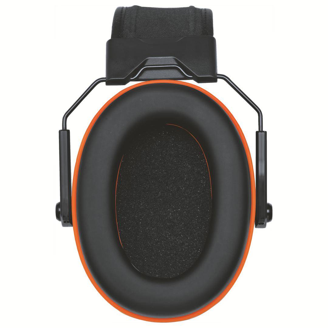 Kopfhörer-Ohrmuschel, schwarz mit orangefarbenem Rand, Draufsicht.