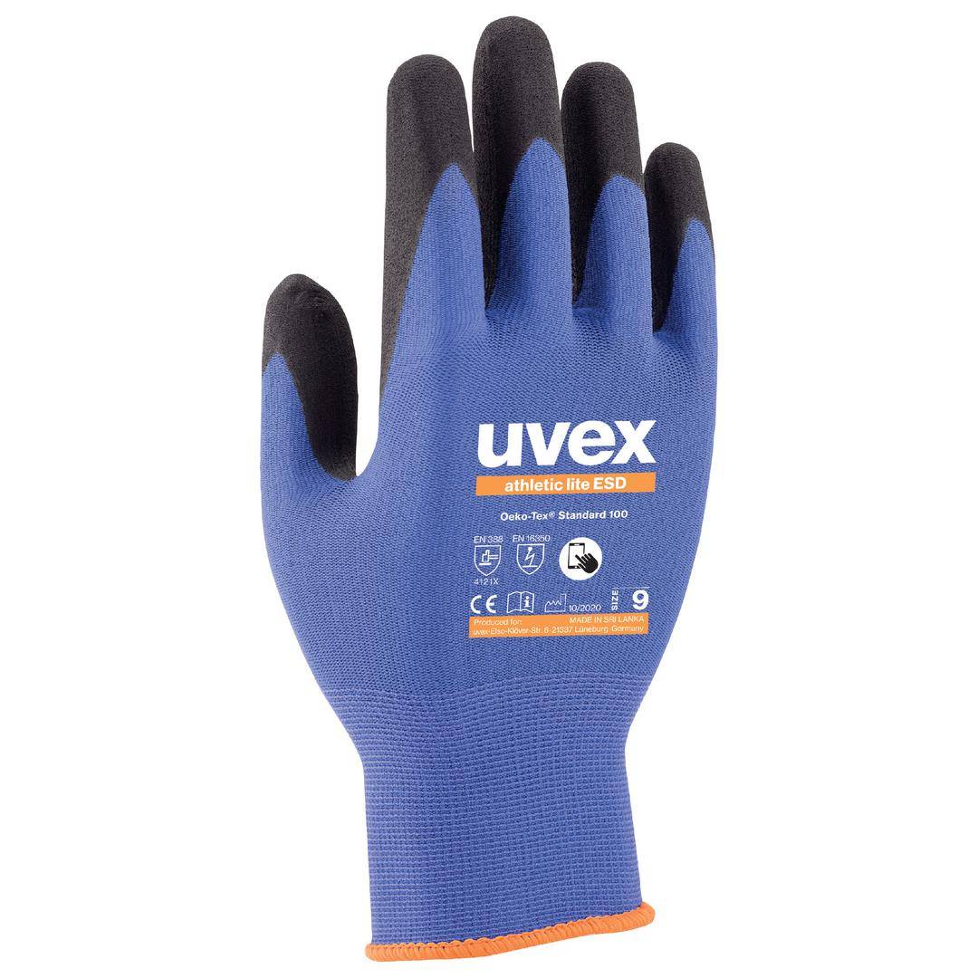 Blauer Schnittschutzhandschuh mit schwarzer Beschichtung, Markenname 'uvex', Schutz gegen mechanische Gefährdungen, Größe 9.