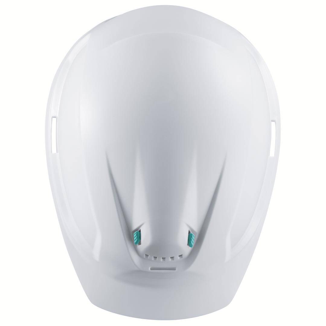 Weißer Motorradhelm von vorne, zeigt detaillierte Belüftungsöffnungen und glatte, aerodynamische Form.