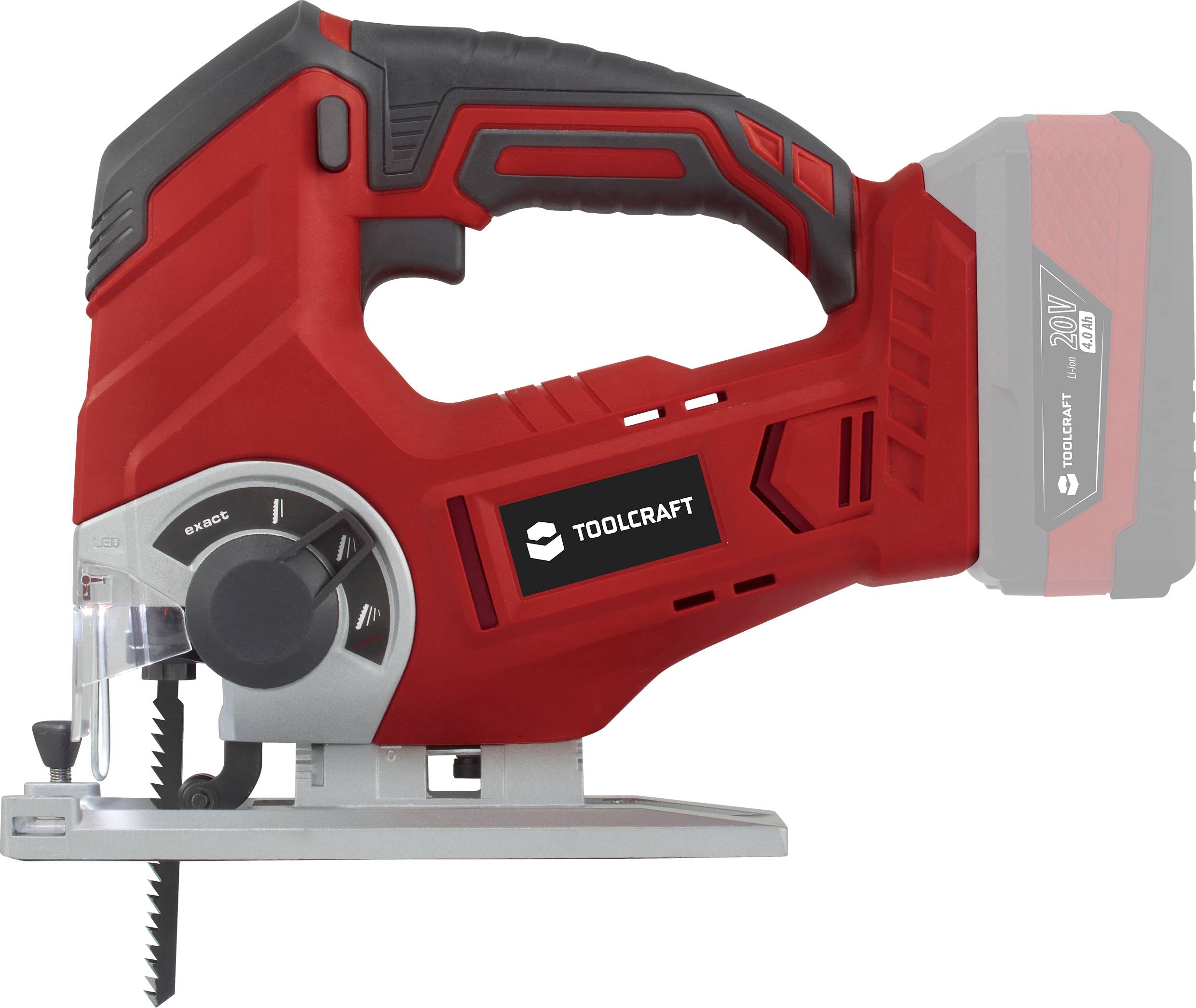 Eine rote Akkustichsäge von der Seite, mit einem ergonomischen Griff und einem eingebauten Akku. Markenname auf dem Gerät.