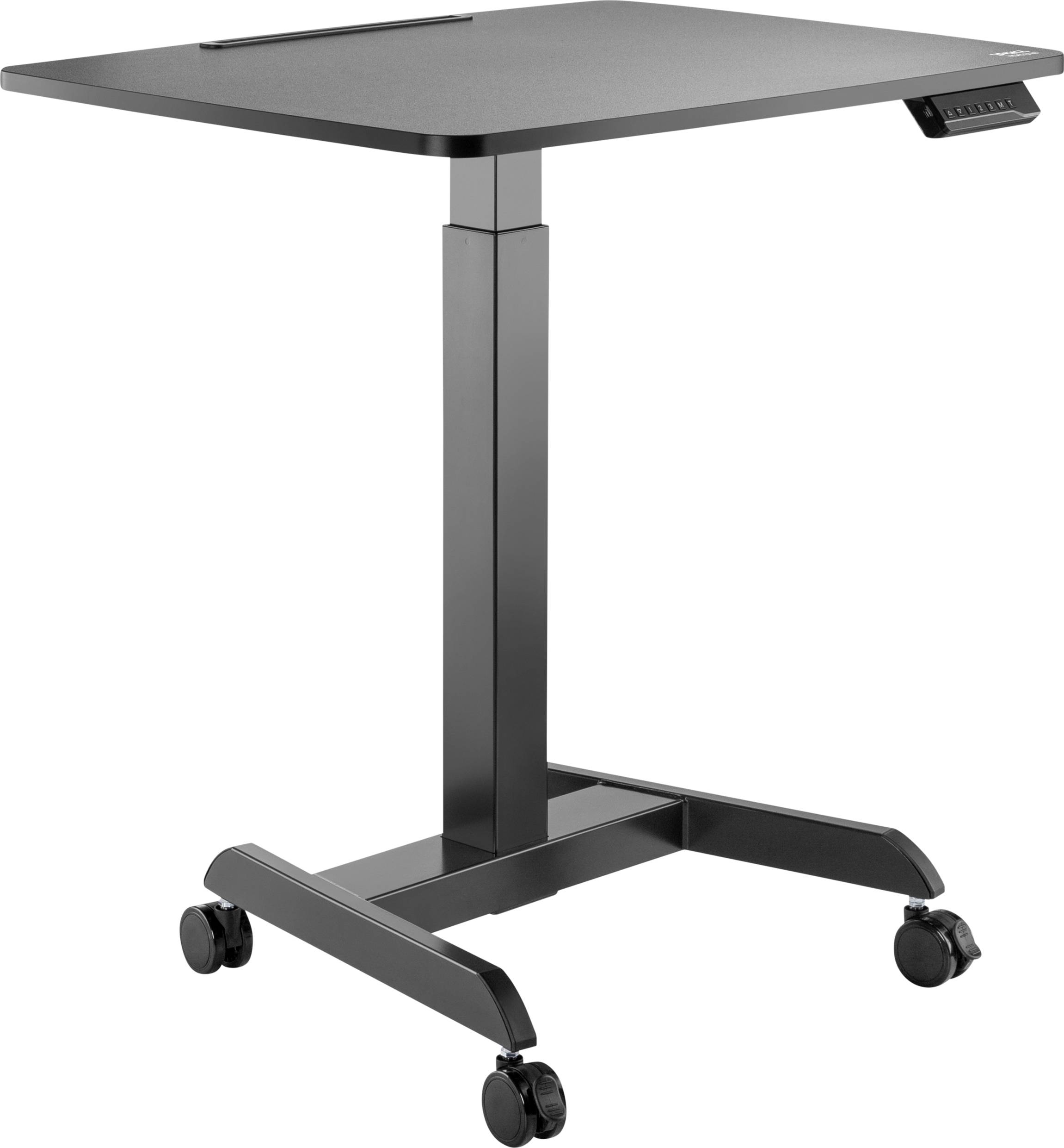 Höhenverstellbarer schwarzer Schreibtisch auf Rollen, geeignet für stehende oder sitzende Arbeit.