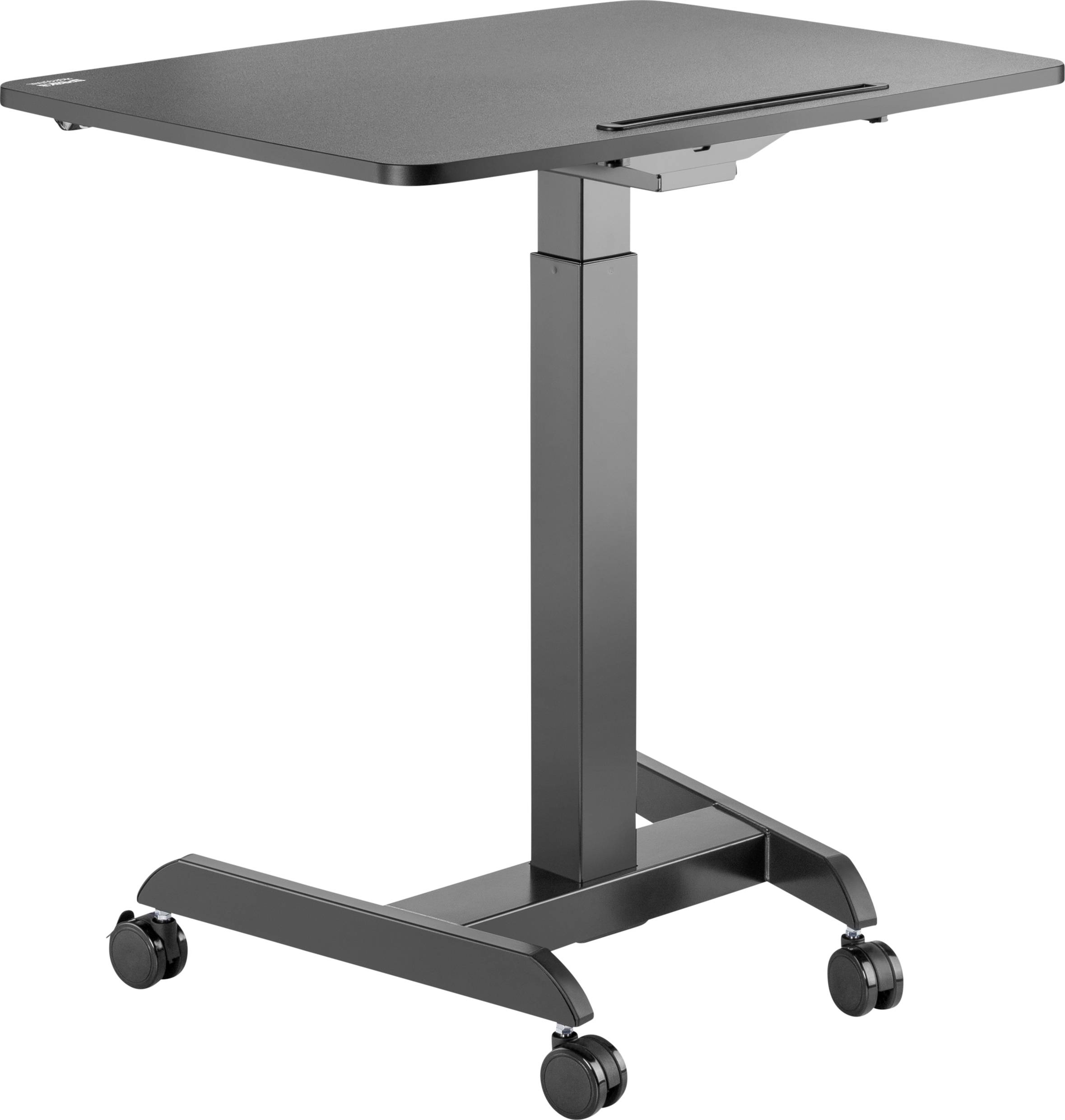 Ein höhenverstellbarer, mobiler Tisch mit schwarzer Oberfläche und vier Rollen für einfache Beweglichkeit, ideal für Büroarbeiten.
