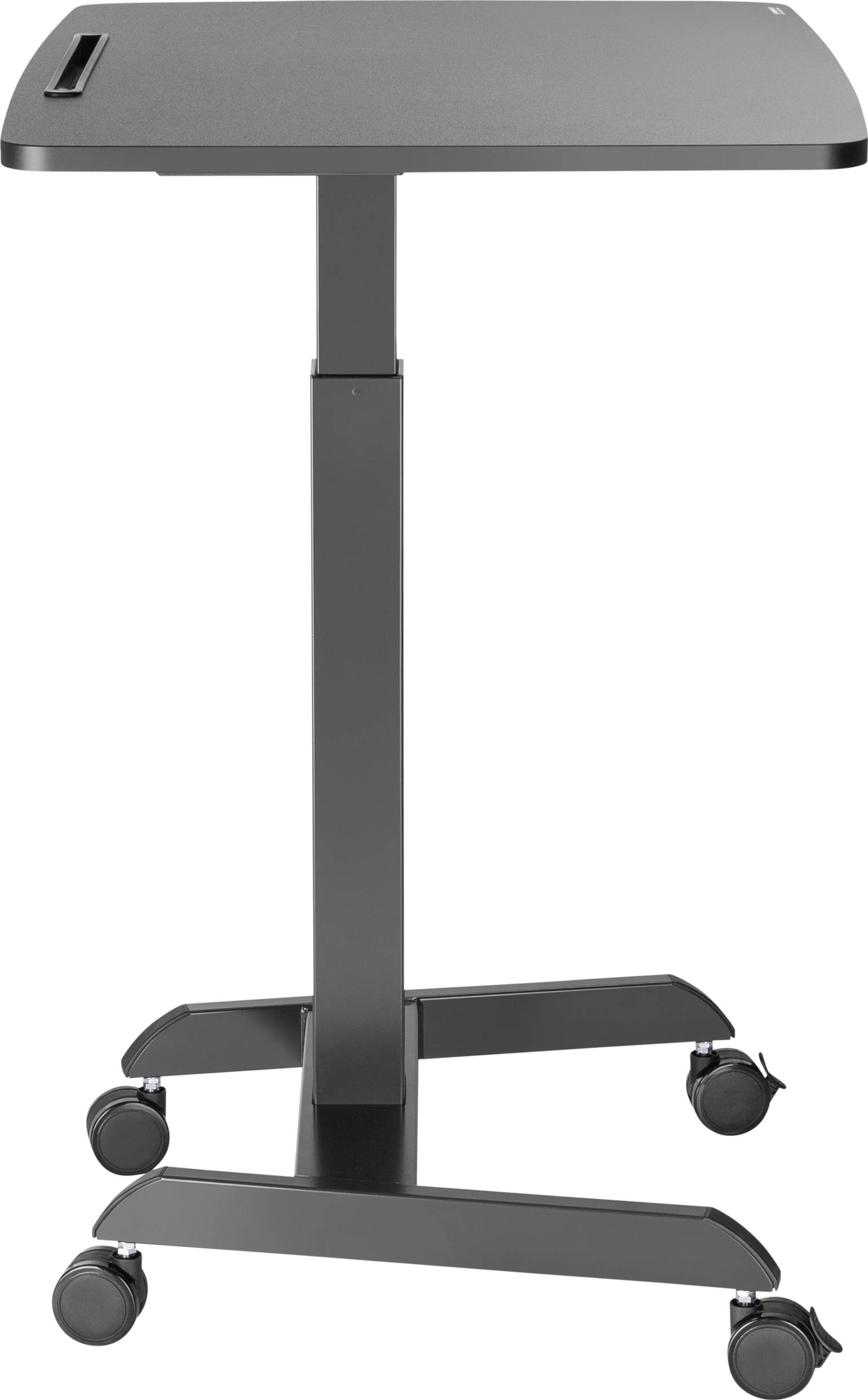 Ein höhenverstellbarer schwarzer Tisch mit Rollen an den Füßen. Ideal für flexibles Arbeiten oder Präsentationen.