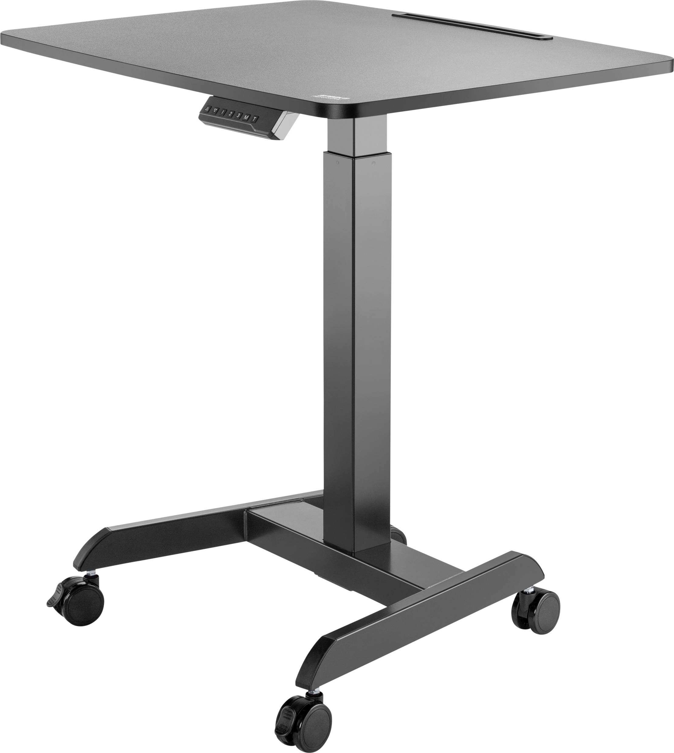 Höhenverstellbarer, mobiler Schreibtisch auf Rollen, schwarzes Design, ideal für flexible Arbeitsbereiche.