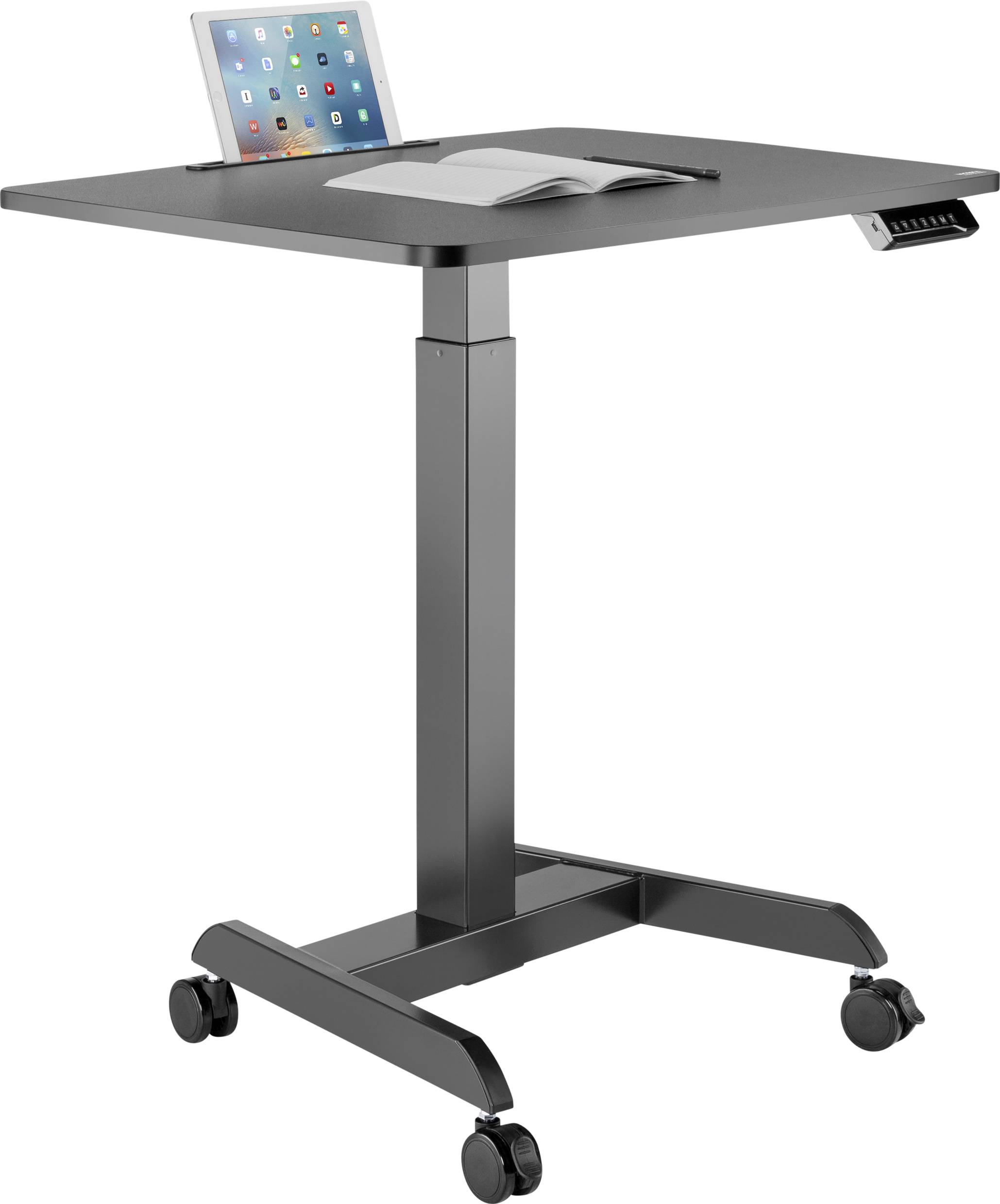 Höhenverstellbarer Tisch mit Rollen, auf dem ein Tablet und ein geöffnetes Notizbuch liegen.
