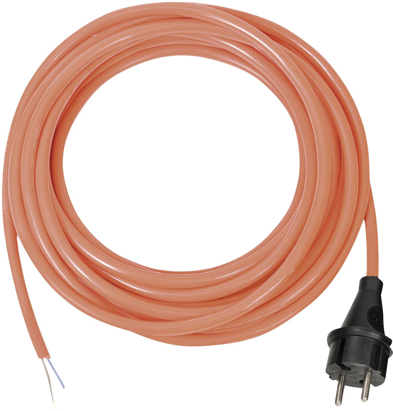 Ein orangefarbenes Verlängerungskabel mit Stecker und zwei offenen Drahtenden.