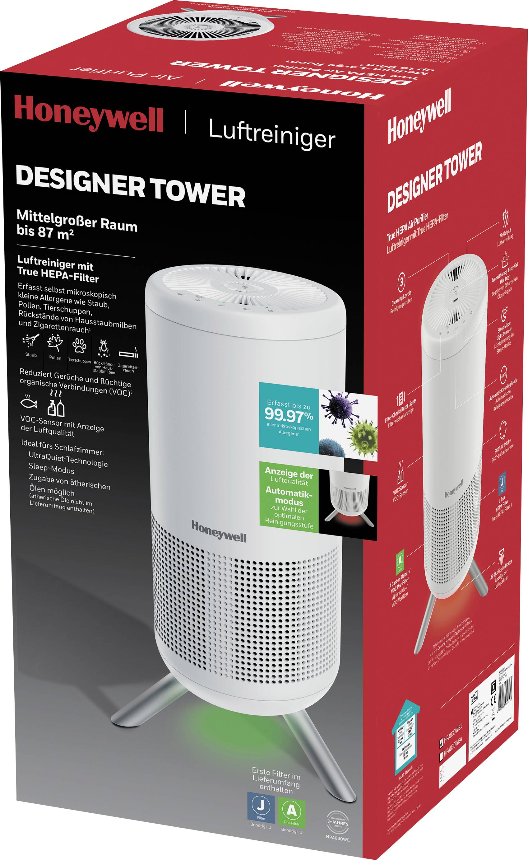 Honeywell HPA830WE4 Designer Series Air Purifier Luftreiniger 87 m² Weiß
