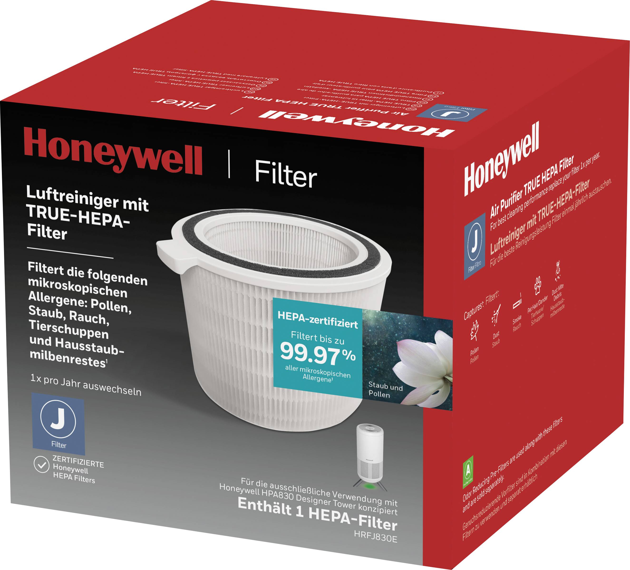Luftreiniger mit TRUE-HEPA-Filter von Honeywell, entfernt 99,97% der mikroskopischen Allergene. Enthält 1 HEPA-zertifizierten Filter.