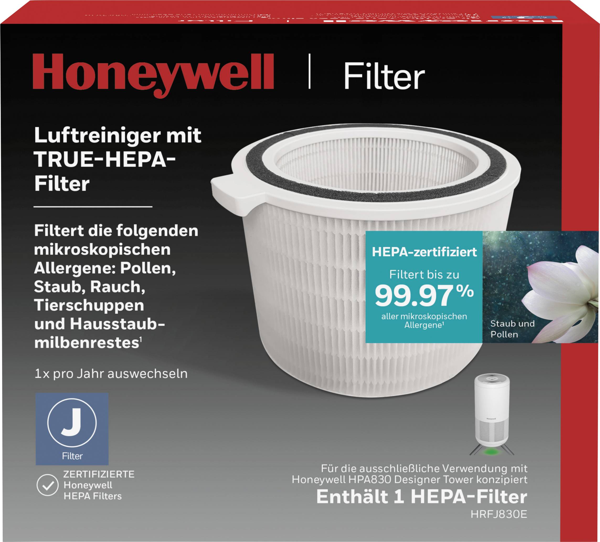 Luftreinigerbox von Honeywell mit HEPA-Filter. Verspricht Filterung von 99,97% mikroskopischen Allergenen wie Pollen und Staub.